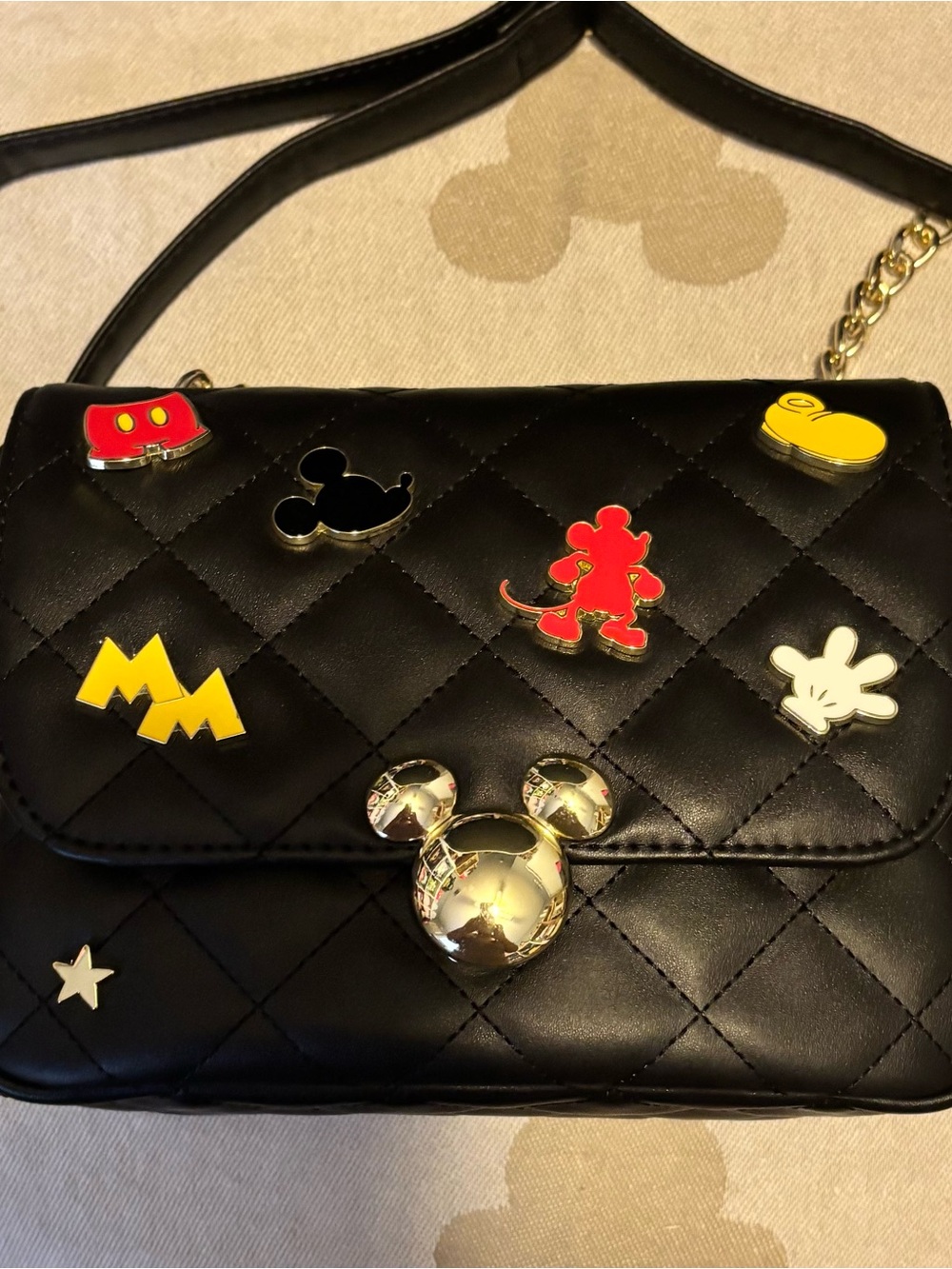 Loungefly Black Quilted Crossbody with Colorful Enamel Pins
